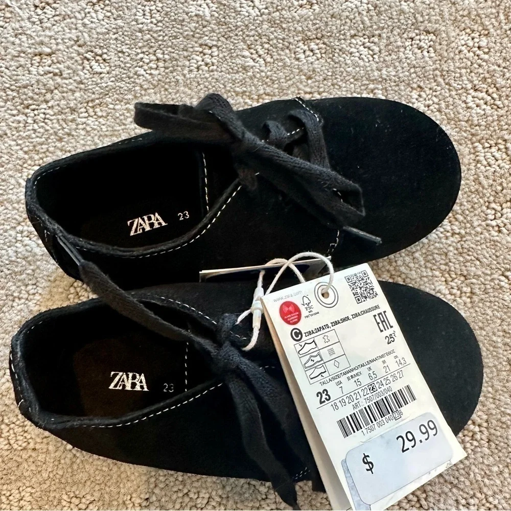 NWT Zara Baby Black Oxford Shoes Lace Up Unisex Toddler Size 23 EU Dress Shoes